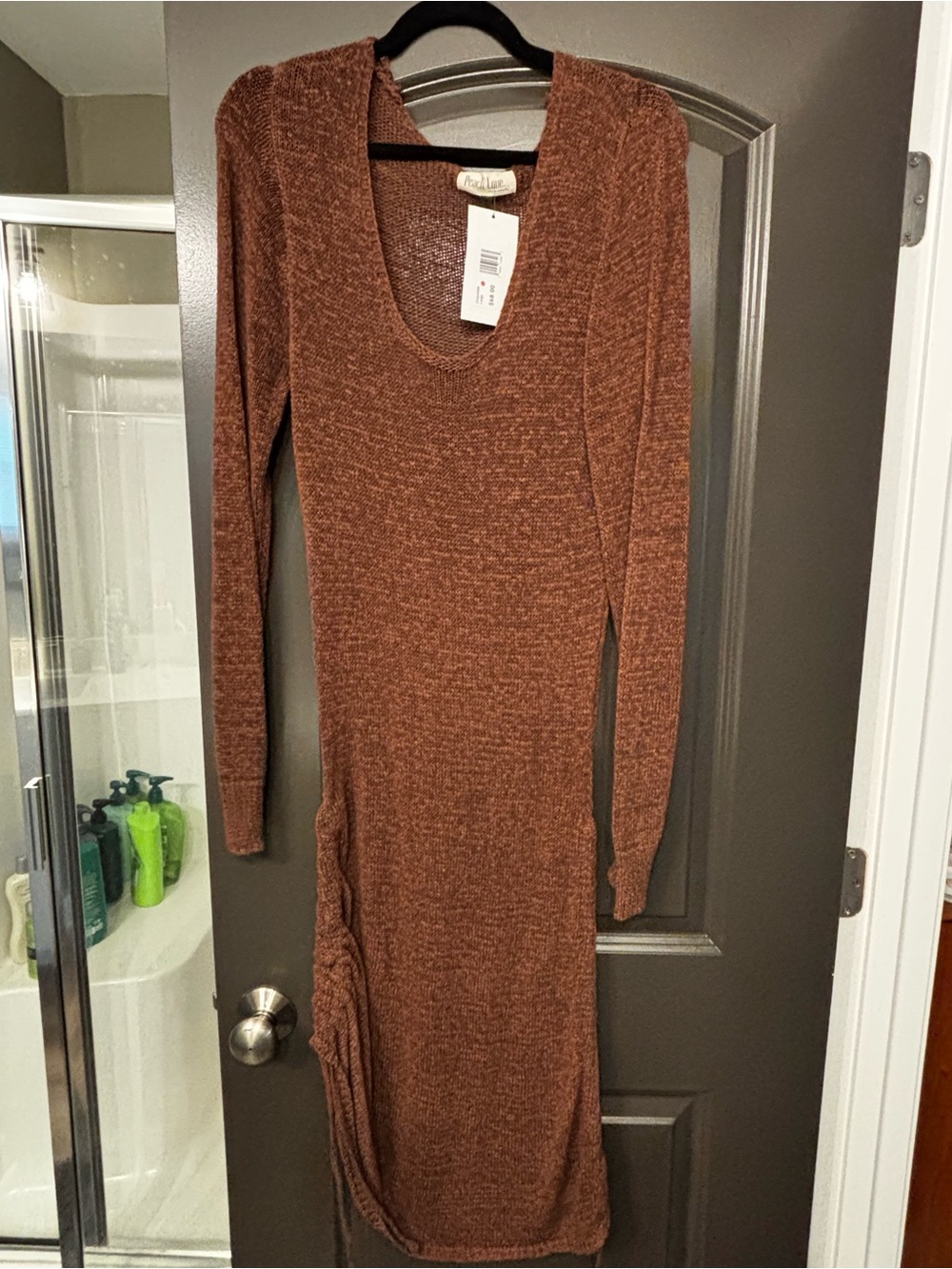 Peach Love California Long Sleeve Scoop Neck Midi boutique Dress - Rust Brown